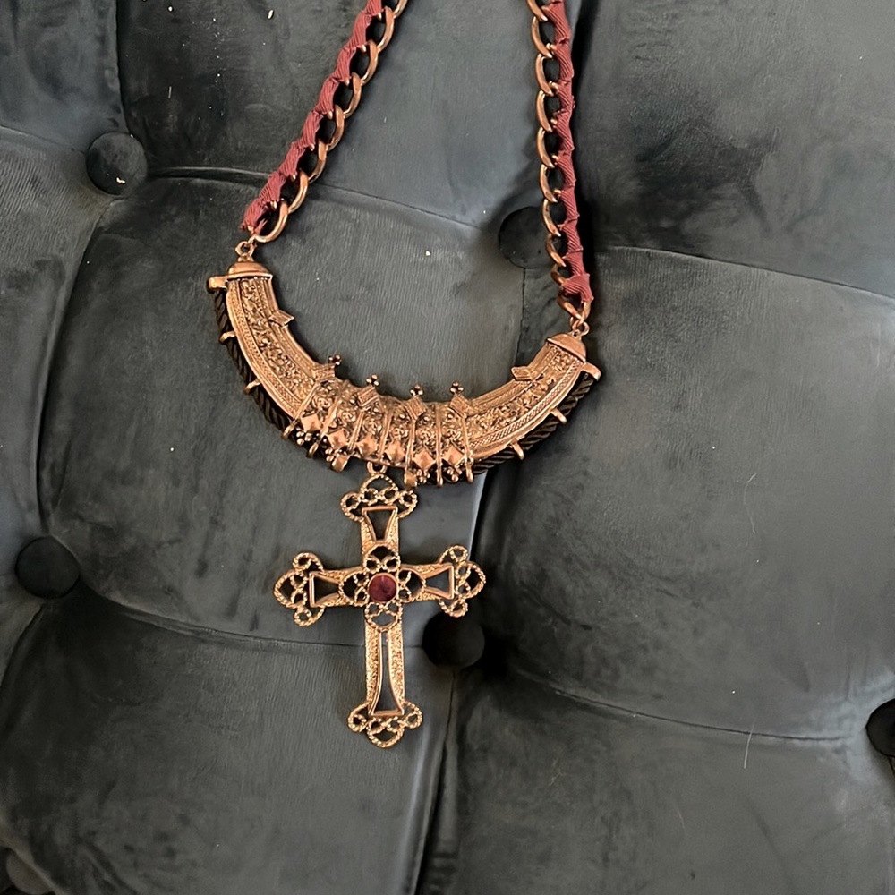 Bronze Medieval cross necklace with red crystal